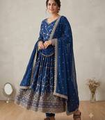 Royal blue zari embroidered georgette anarkali suit with dupatta