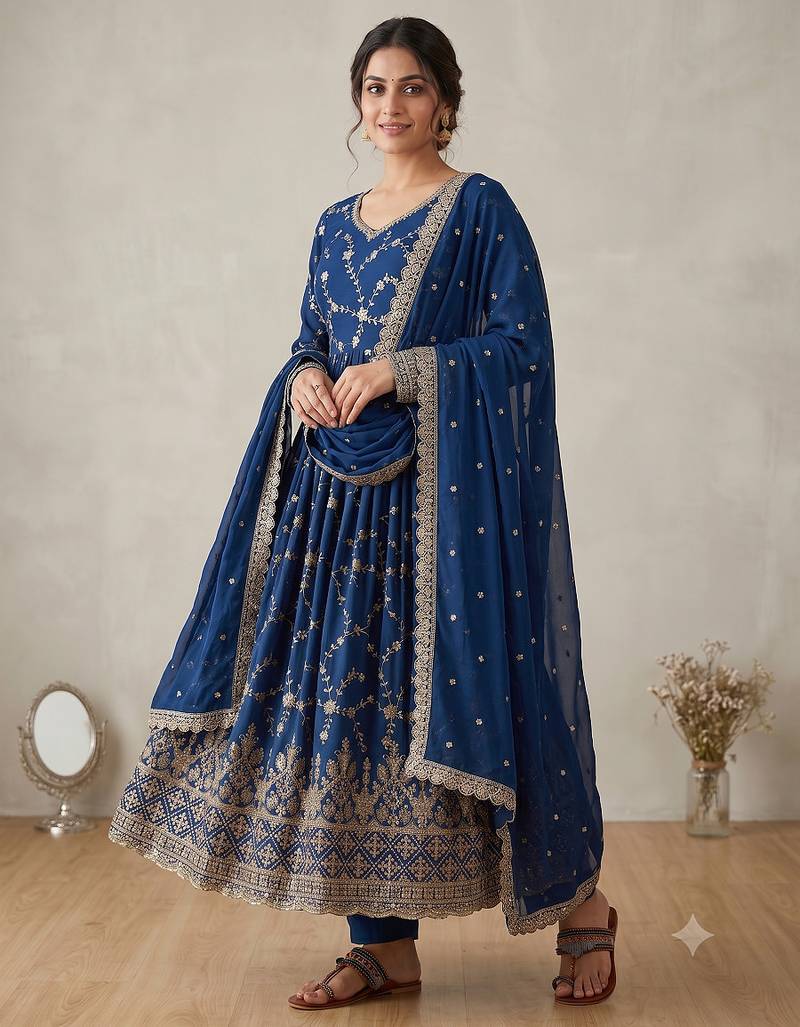Royal blue zari embroidered georgette anarkali suit with dupatta