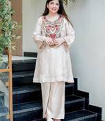 Women's cream embroidered straight crepe kurta with pant