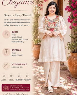 Women's cream embroidered straight crepe kurta with pant 2