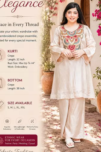 Women's cream embroidered straight crepe kurta with pant