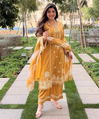 Women's mustard schiffli embroidered silk blend kurta set with pant and dupatta 1