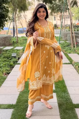 Women's mustard schiffli embroidered silk blend kurta set with pant and dupatta