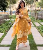 Women's mustard schiffli embroidered silk blend kurta set with pant and dupatta