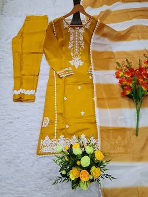 Women's mustard schiffli embroidered silk blend kurta set with pant and dupatta 2