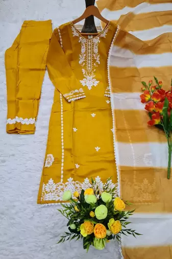 Women's mustard schiffli embroidered silk blend kurta set with pant and dupatta