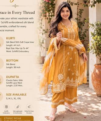 Women's mustard schiffli embroidered silk blend kurta set with pant and dupatta 2