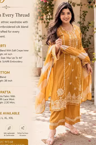 Women's mustard schiffli embroidered silk blend kurta set with pant and dupatta