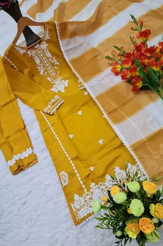 Women's mustard schiffli embroidered silk blend kurta set with pant and dupatta