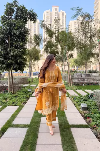 Women's mustard schiffli embroidered silk blend kurta set with pant and dupatta