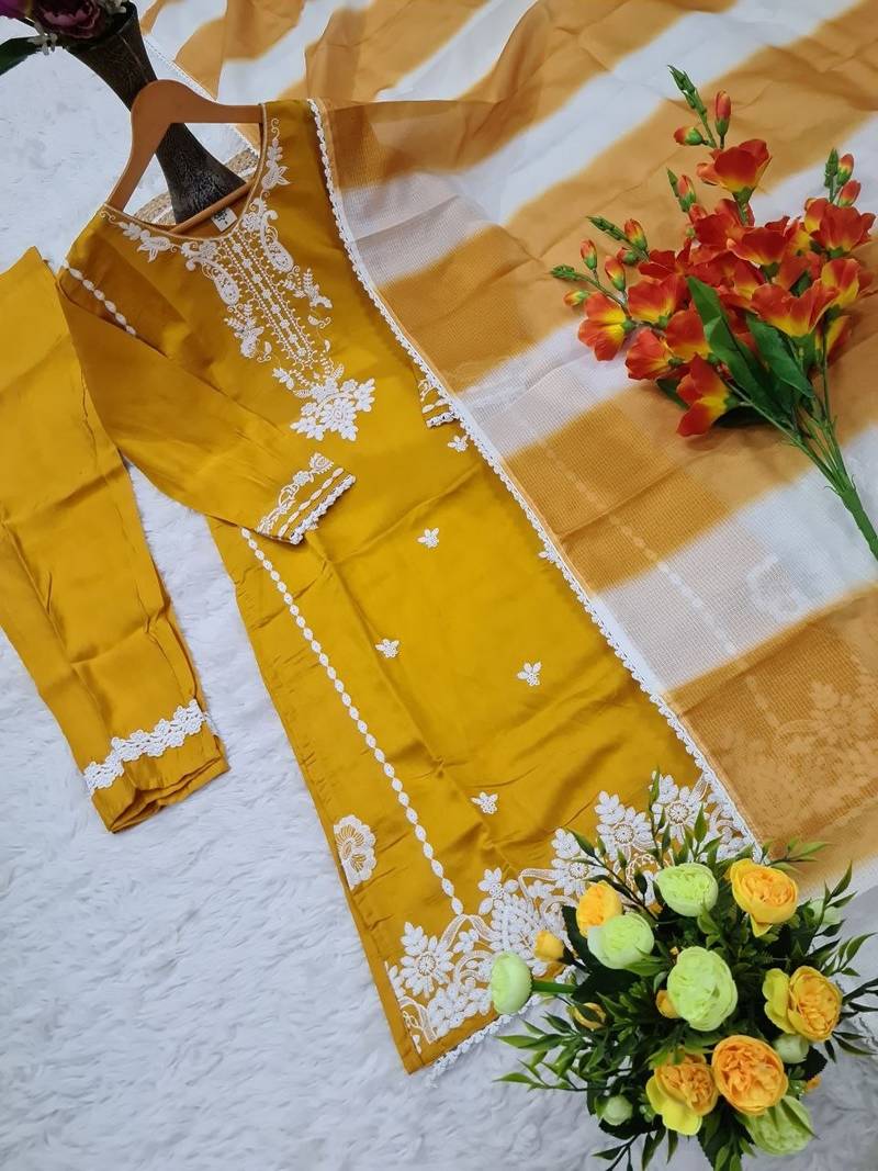 Women's mustard schiffli embroidered silk blend kurta set with pant and dupatta