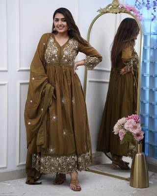 Women's olive embroidered flared cotton kurta set with dupatta and pant 1