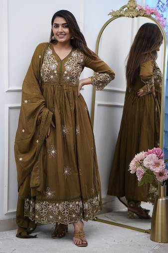 Women's olive embroidered flared cotton kurta set with dupatta and pant