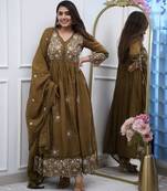 Women's olive embroidered flared cotton kurta set with dupatta and pant