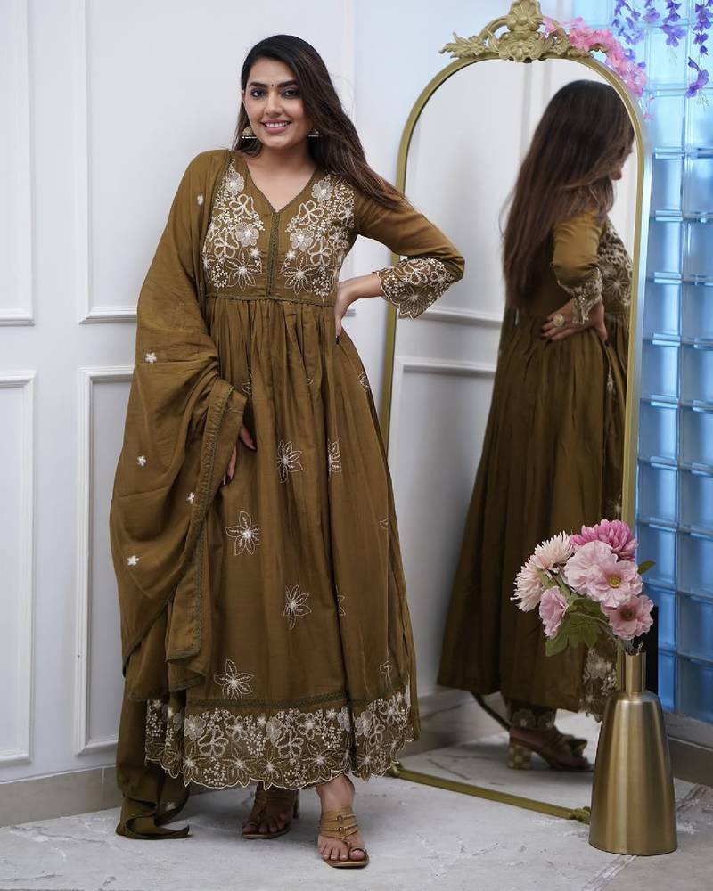 Women's olive embroidered flared cotton kurta set with dupatta and pant
