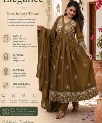 Women's olive embroidered flared cotton kurta set with dupatta and pant 2