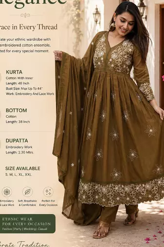 Women's olive embroidered flared cotton kurta set with dupatta and pant