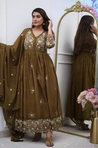 Women's olive embroidered flared cotton kurta set with dupatta and pant