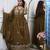 Women's olive embroidered flared cotton kurta set with dupatta and pant