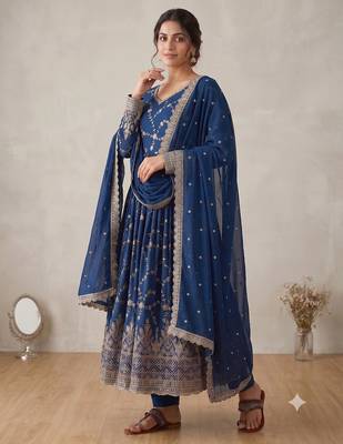 Royal blue zari embroidered georgette anarkali suit with dupatta 2