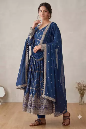 Royal blue zari embroidered georgette anarkali suit with dupatta