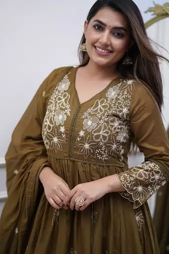 Women's olive embroidered flared cotton kurta set with dupatta and pant