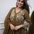 Women's olive embroidered flared cotton kurta set with dupatta and pant
