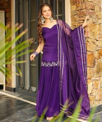Women's purple embroidered silk blend kurta with sharara and dupatta 1