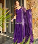 Women's purple embroidered silk blend kurta with sharara and dupatta