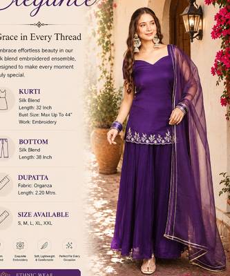 Women's purple embroidered silk blend kurta with sharara and dupatta 2