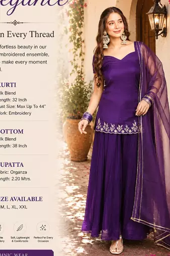 Women's purple embroidered silk blend kurta with sharara and dupatta
