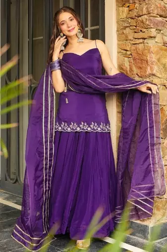 Women's purple embroidered silk blend kurta with sharara and dupatta