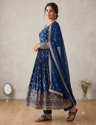 Royal blue zari embroidered georgette anarkali suit with dupatta 3