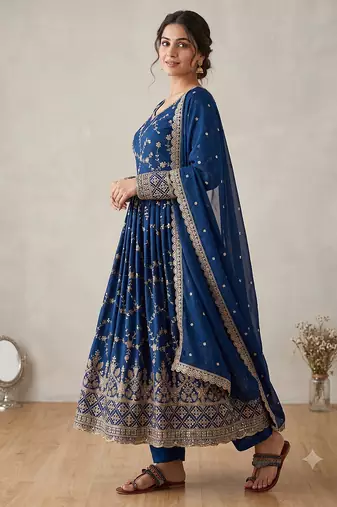 Royal blue zari embroidered georgette anarkali suit with dupatta