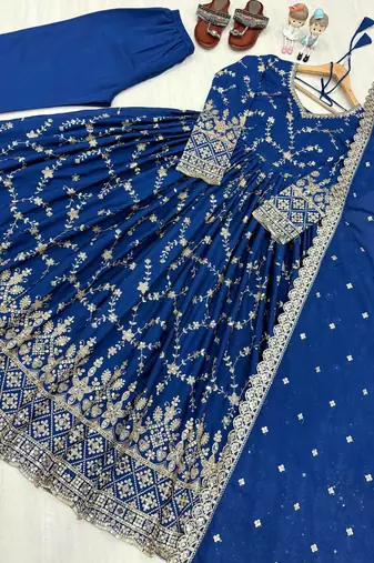Royal blue zari embroidered georgette anarkali suit with dupatta