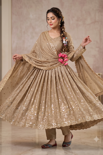 Cream zari embroidered georgette anarkali suit with dupatta
