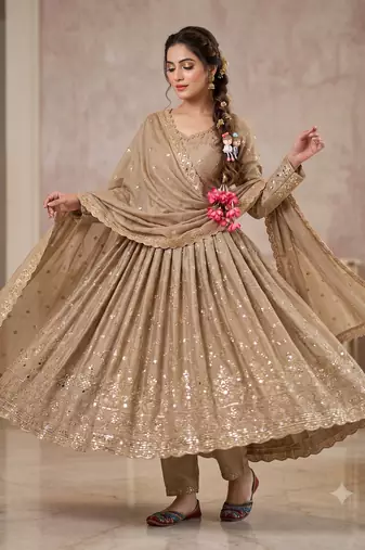 Cream zari embroidered georgette anarkali suit with dupatta
