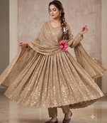 Cream zari embroidered georgette anarkali suit with dupatta
