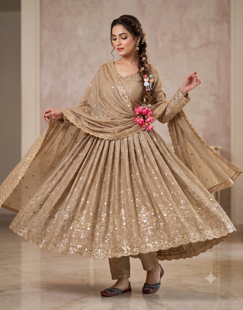 Cream zari embroidered georgette anarkali suit with dupatta