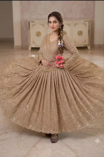 Cream zari embroidered georgette anarkali suit with dupatta