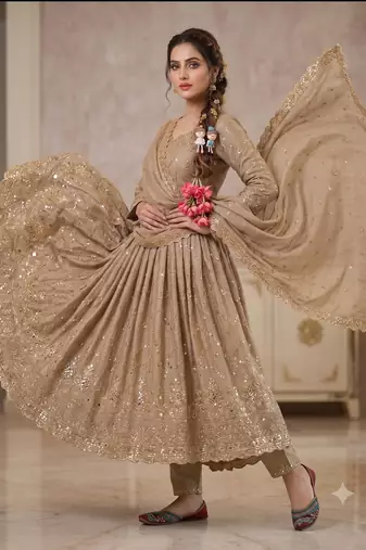 Cream zari embroidered georgette anarkali suit with dupatta
