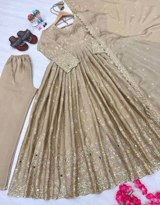 Cream zari embroidered georgette anarkali suit with dupatta 4