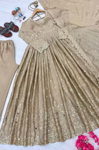 Cream zari embroidered georgette anarkali suit with dupatta