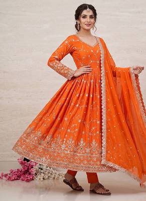 Orange zari embroidered georgette anarkali suit with dupatta 1