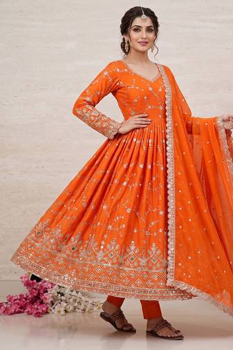 Orange zari embroidered georgette anarkali suit with dupatta