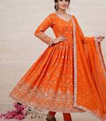 Orange zari embroidered georgette anarkali suit with dupatta