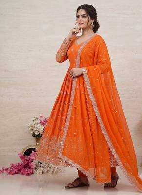 Orange zari embroidered georgette anarkali suit with dupatta 2