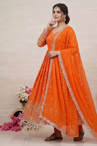 Orange zari embroidered georgette anarkali suit with dupatta