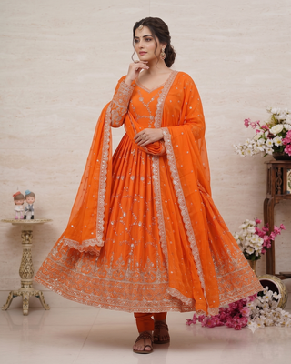 Orange zari embroidered georgette anarkali suit with dupatta 3