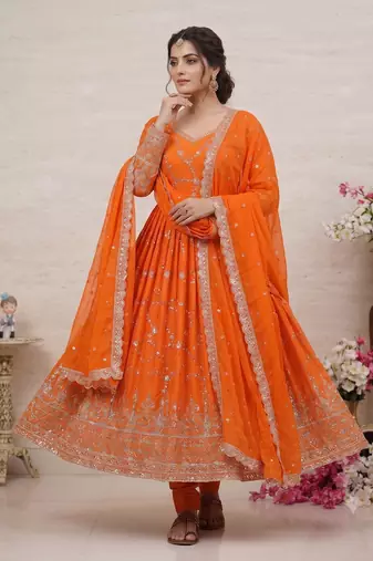 Orange zari embroidered georgette anarkali suit with dupatta